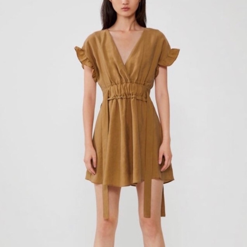 Zara Ruffle Sleeve Keyhole Back Cinched Bow  Tie Waist Brown Mini Dress M